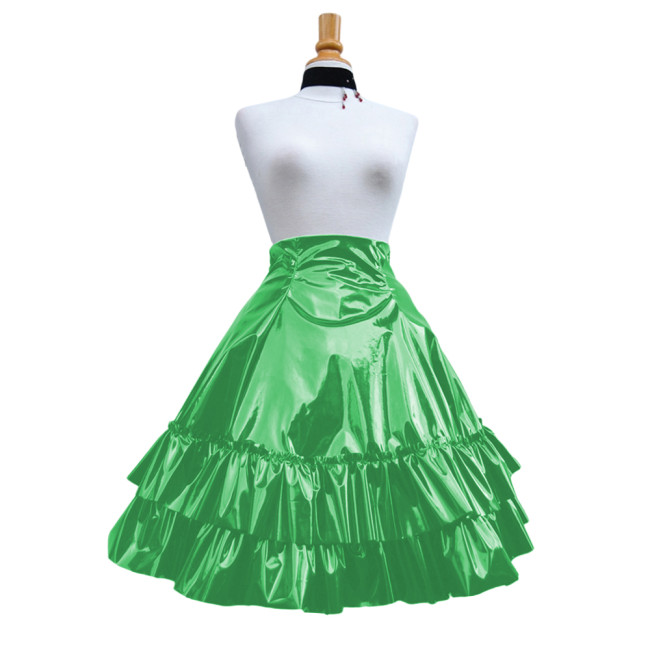 Vintage Shiny PVC Leather 2 Tiered Ruffled Skirt Sweet Round-shaped Lolita Long Trumpet Pleated Skirt Cocktail Party Club Skirts