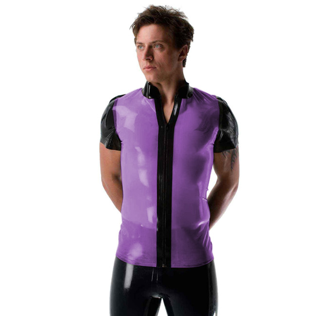 Mens Sexy See Through Jackets Clear PVC Patchwork T-shirt Fetish Plastic Stand Collar Club Tops Punk Style Front Zipper Tops