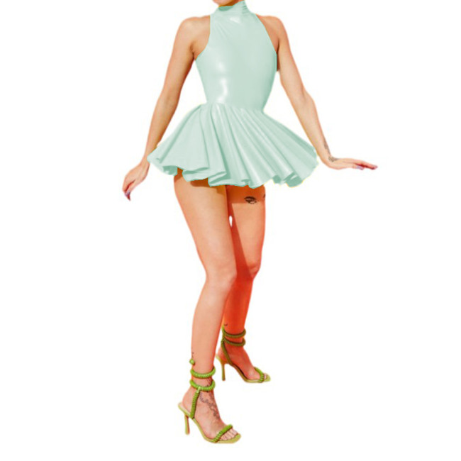 Glossy PVC Leather Bodycon Sexy Women Skater Skirt Ballet Dress Fashion High Neck Slim Fit Mini Tutu Dress Party Clubwear S-7XL