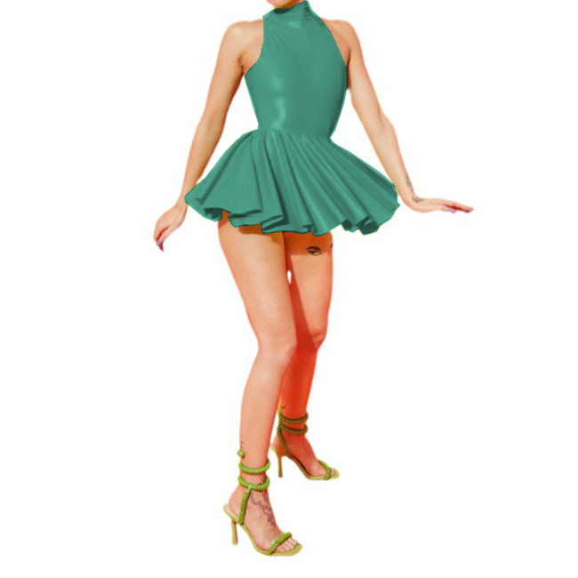 Glossy PVC Leather Bodycon Sexy Women Skater Skirt Ballet Dress Fashion High Neck Slim Fit Mini Tutu Dress Party Clubwear S-7XL