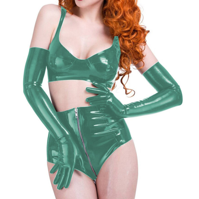 Glossy PVC Leather Short Sets Slim Bra Tops and Zip-up Crotch Mini Short with Gloves 3 Piece Set Women Sexy Club Costumes S-7XL