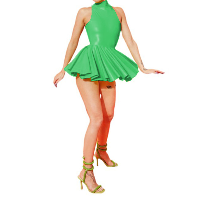 Glossy PVC Leather Bodycon Sexy Women Skater Skirt Ballet Dress Fashion High Neck Slim Fit Mini Tutu Dress Party Clubwear S-7XL