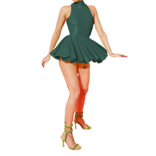 Glossy PVC Leather Bodycon Sexy Women Skater Skirt Ballet Dress Fashion High Neck Slim Fit Mini Tutu Dress Party Clubwear S-7XL