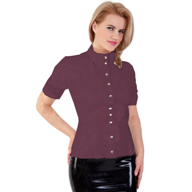 Sexy Wetlook Turn-down Collar PVC Leather Short Sleeve Slim Button-up Shirt Tops Blouse Office Lady Streetwear Party Club S-7XL