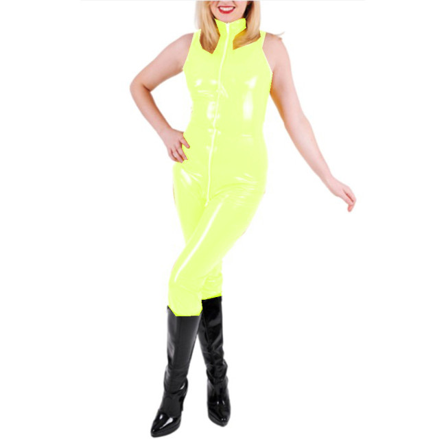 Glossy PVC Leather Sexy Sleeveless Slim Jumpsuits Rompers Front Zip-up to Crotch Catsuits High Neck Bodysuits Costumes S-7XL