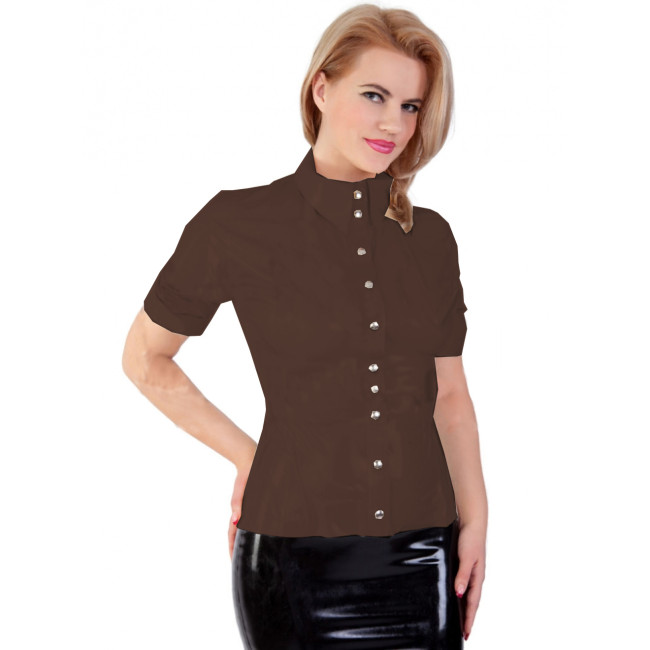 Sexy Wetlook Turn-down Collar PVC Leather Short Sleeve Slim Button-up Shirt Tops Blouse Office Lady Streetwear Party Club S-7XL