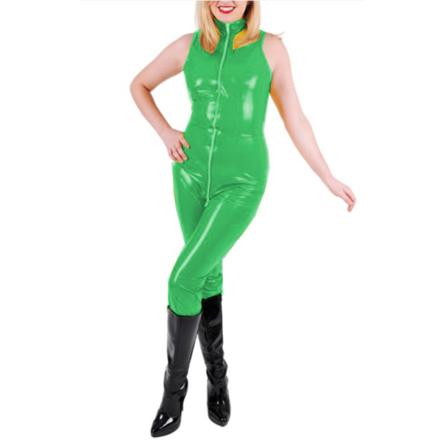 Glossy PVC Leather Sexy Sleeveless Slim Jumpsuits Rompers Front Zip-up to Crotch Catsuits High Neck Bodysuits Costumes S-7XL