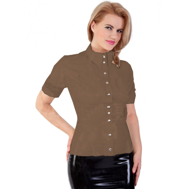Sexy Wetlook Turn-down Collar PVC Leather Short Sleeve Slim Button-up Shirt Tops Blouse Office Lady Streetwear Party Club S-7XL