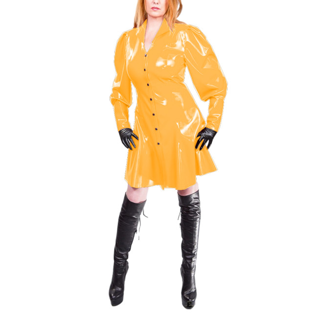 Woman's Fashion Vinyl PVC Leather A-line Dress for Clubwear Sexy Lapel Neck Puff Long Sleeve Short Mistress Gown Fetish Costume