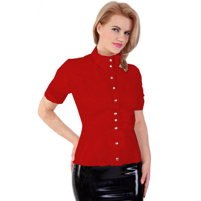 Sexy Wetlook Turn-down Collar PVC Leather Short Sleeve Slim Button-up Shirt Tops Blouse Office Lady Streetwear Party Club S-7XL