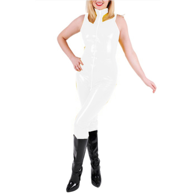 Glossy PVC Leather Sexy Sleeveless Slim Jumpsuits Rompers Front Zip-up to Crotch Catsuits High Neck Bodysuits Costumes S-7XL