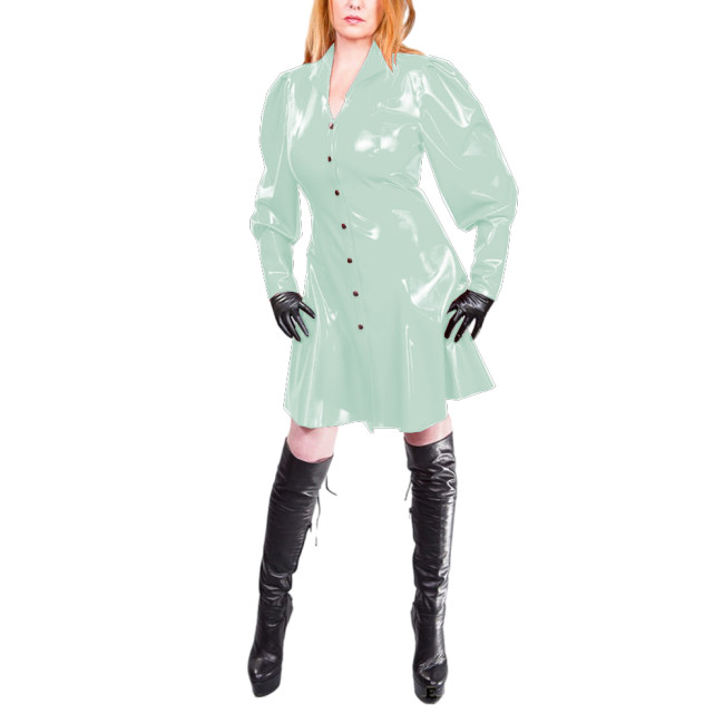 Woman's Fashion Vinyl PVC Leather A-line Dress for Clubwear Sexy Lapel Neck Puff Long Sleeve Short Mistress Gown Fetish Costume