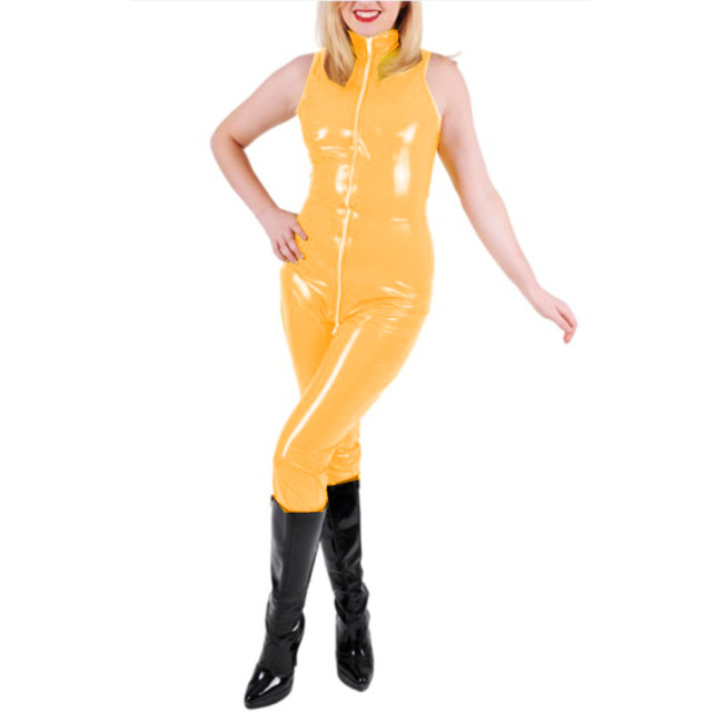 Glossy PVC Leather Sexy Sleeveless Slim Jumpsuits Rompers Front Zip-up to Crotch Catsuits High Neck Bodysuits Costumes S-7XL