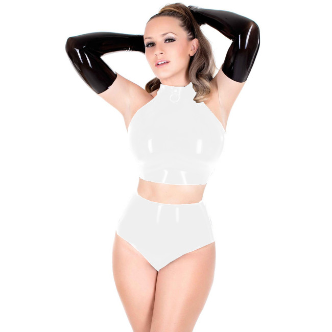 Women Sexy Glossy PVC Leather 2 Pieces Short Sets Slim Halter Crop Tops and Super Mini Short Party Club Costumes Lingerie S-7XL