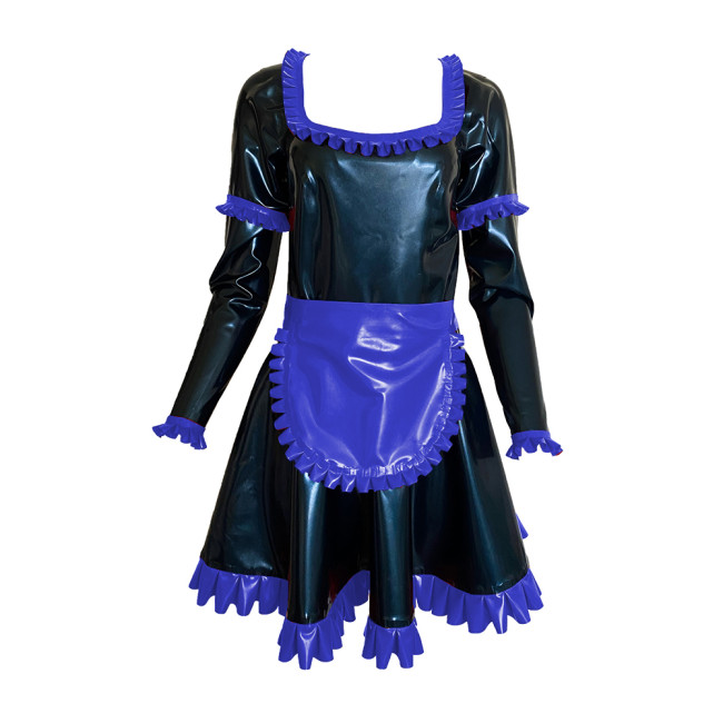 Shiny Vinyl PVC Sissy Scoop Neck Mini Dress Sexy Maid Uniforms Ruffle Decor Long Sleeve Dress With Apron Cosplay Costumes S-7XL