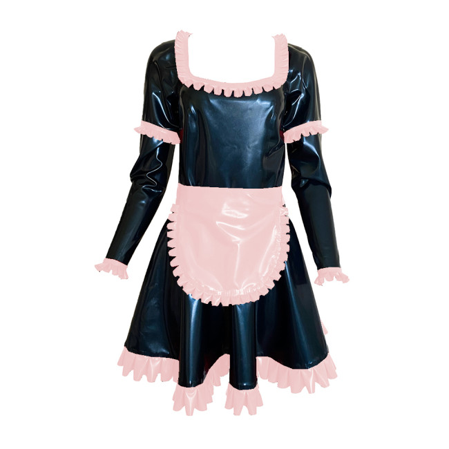 Shiny Vinyl PVC Sissy Scoop Neck Mini Dress Sexy Maid Uniforms Ruffle Decor Long Sleeve Dress With Apron Cosplay Costumes S-7XL