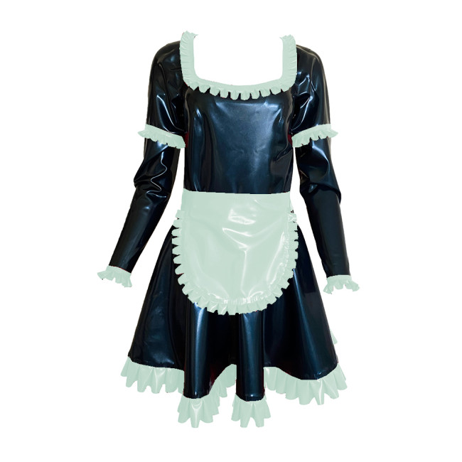 Shiny Vinyl PVC Sissy Scoop Neck Mini Dress Sexy Maid Uniforms Ruffle Decor Long Sleeve Dress With Apron Cosplay Costumes S-7XL