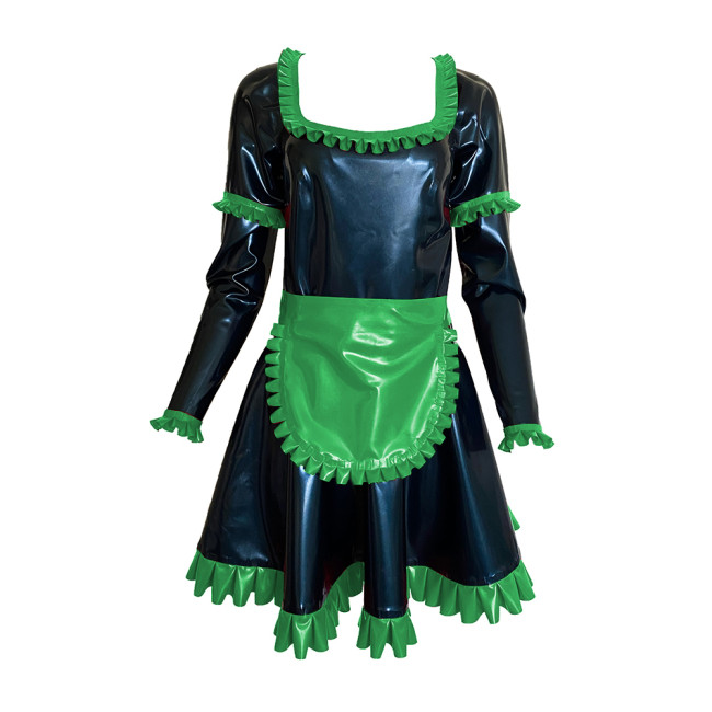 Shiny Vinyl PVC Sissy Scoop Neck Mini Dress Sexy Maid Uniforms Ruffle Decor Long Sleeve Dress With Apron Cosplay Costumes S-7XL