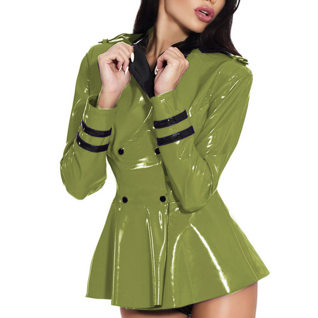 Stewardess Uniform Jacket Ruffle Hem Patchwork Glossy PVC Leather Turn-down Neck Double-breasted Jacket Sexy Club Costume S-7XL