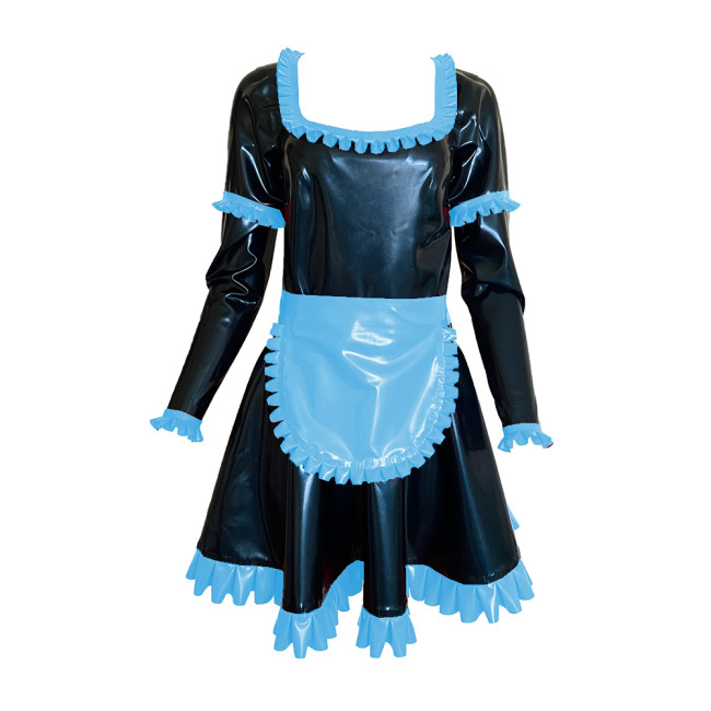 Shiny Vinyl PVC Sissy Scoop Neck Mini Dress Sexy Maid Uniforms Ruffle Decor Long Sleeve Dress With Apron Cosplay Costumes S-7XL