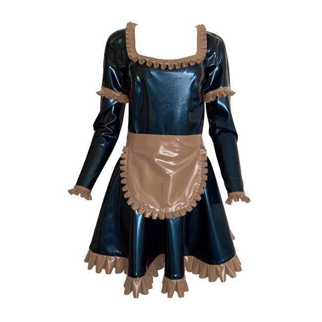Shiny Vinyl PVC Sissy Scoop Neck Mini Dress Sexy Maid Uniforms Ruffle Decor Long Sleeve Dress With Apron Cosplay Costumes S-7XL