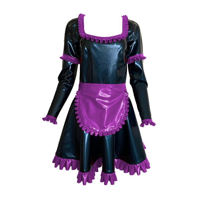 Shiny Vinyl PVC Sissy Scoop Neck Mini Dress Sexy Maid Uniforms Ruffle Decor Long Sleeve Dress With Apron Cosplay Costumes S-7XL