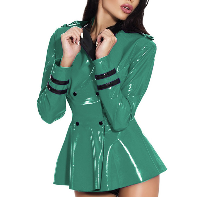 Stewardess Uniform Jacket Ruffle Hem Patchwork Glossy PVC Leather Turn-down Neck Double-breasted Jacket Sexy Club Costume S-7XL
