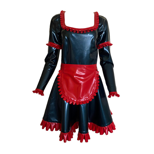 Shiny Vinyl PVC Sissy Scoop Neck Mini Dress Sexy Maid Uniforms Ruffle Decor Long Sleeve Dress With Apron Cosplay Costumes S-7XL