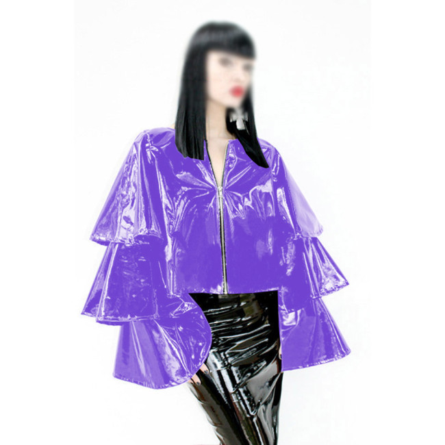 Gothic Ruffle Tiered Long Flare Sleeve Shiny PVC Jacket Women Glossy Faux Leather Punk Zipper Jacket Fashion Lady Coats Clubwear