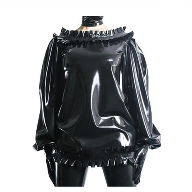 Sexy Latex Look Loose Dress with Frills Puff Long Sleeves Round Collar PVC Dresses Nightgown Shiny Faux Leather Pullover Top