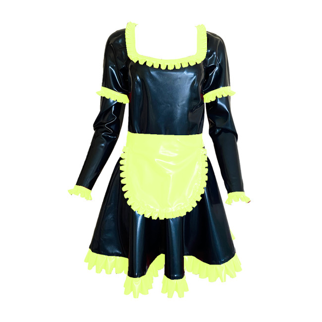 Shiny Vinyl PVC Sissy Scoop Neck Mini Dress Sexy Maid Uniforms Ruffle Decor Long Sleeve Dress With Apron Cosplay Costumes S-7XL