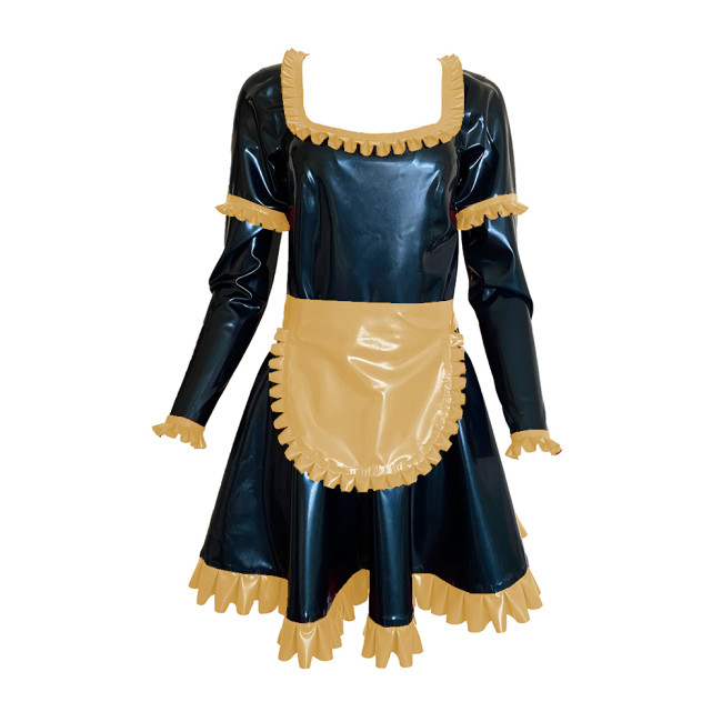 Shiny Vinyl PVC Sissy Scoop Neck Mini Dress Sexy Maid Uniforms Ruffle Decor Long Sleeve Dress With Apron Cosplay Costumes S-7XL