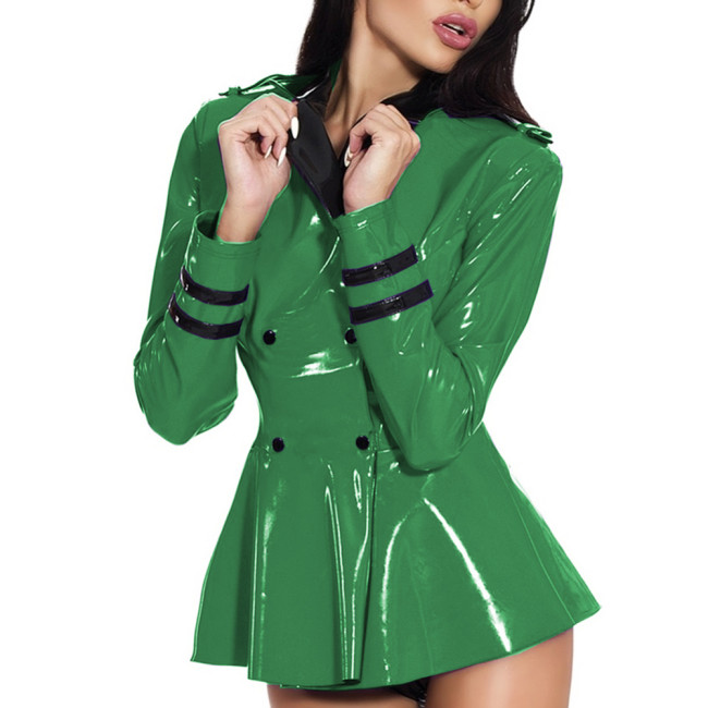 Stewardess Uniform Jacket Ruffle Hem Patchwork Glossy PVC Leather Turn-down Neck Double-breasted Jacket Sexy Club Costume S-7XL