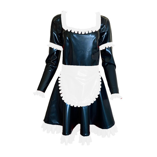 Shiny Vinyl PVC Sissy Scoop Neck Mini Dress Sexy Maid Uniforms Ruffle Decor Long Sleeve Dress With Apron Cosplay Costumes S-7XL