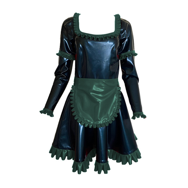 Shiny Vinyl PVC Sissy Scoop Neck Mini Dress Sexy Maid Uniforms Ruffle Decor Long Sleeve Dress With Apron Cosplay Costumes S-7XL