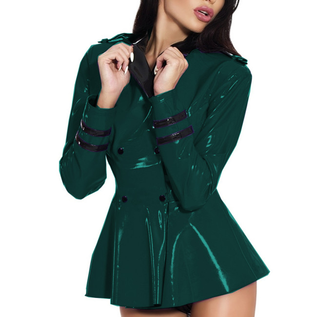 Stewardess Uniform Jacket Ruffle Hem Patchwork Glossy PVC Leather Turn-down Neck Double-breasted Jacket Sexy Club Costume S-7XL
