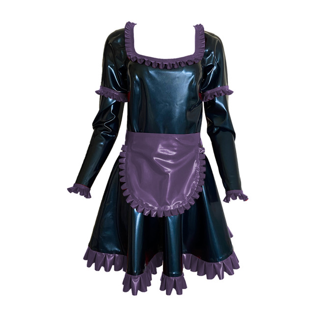 Shiny Vinyl PVC Sissy Scoop Neck Mini Dress Sexy Maid Uniforms Ruffle Decor Long Sleeve Dress With Apron Cosplay Costumes S-7XL