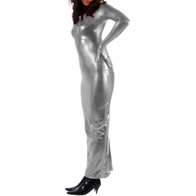 Glossy Faux Leather Women's Long Sleeve Leather Dress Bodycon Split Party Maxi Dress Sheath Banquet Evening Sexy Clubwear S-7XL