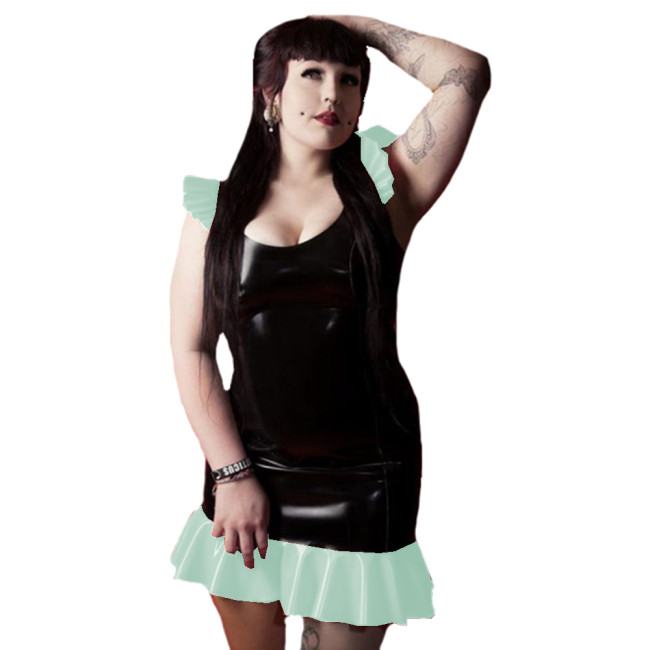 Shiny PVC Patchwork Sissy Ruffle Tank Sleeveless Mini Dress Sexy Slim Mermaid Dress Party Clubwear Vestido Sexi Night Dress 7XL
