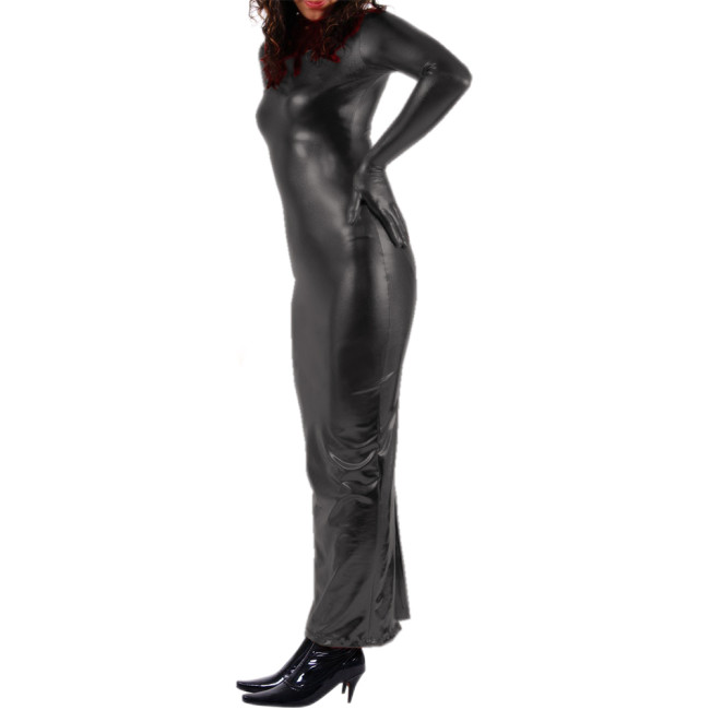 Glossy Faux Leather Women's Long Sleeve Leather Dress Bodycon Split Party Maxi Dress Sheath Banquet Evening Sexy Clubwear S-7XL