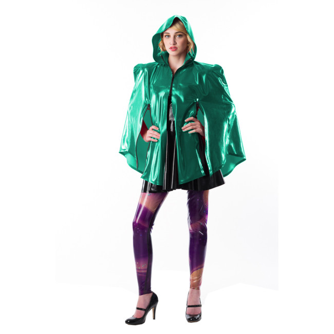 Elegant Women Wet PVC Leather Cloak Vintage Hooded Capes Gothic Zipper Sleeveless Poncho Casual Loose Coat Outwear Club Cosplay