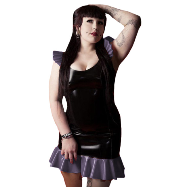 Shiny PVC Patchwork Sissy Ruffle Tank Sleeveless Mini Dress Sexy Slim Mermaid Dress Party Clubwear Vestido Sexi Night Dress 7XL