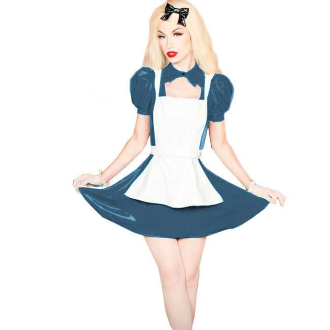 Shiny PVC Lolita 3Pcs Maid Uniforms Puff Short Sleeve Jacket Sleeveless Mini Dress Lace-up Apron Sweet Maid Cosplay Costume