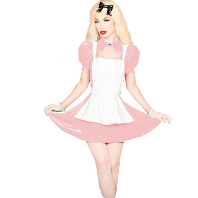 Shiny PVC Lolita 3Pcs Maid Uniforms Puff Short Sleeve Jacket Sleeveless Mini Dress Lace-up Apron Sweet Maid Cosplay Costume