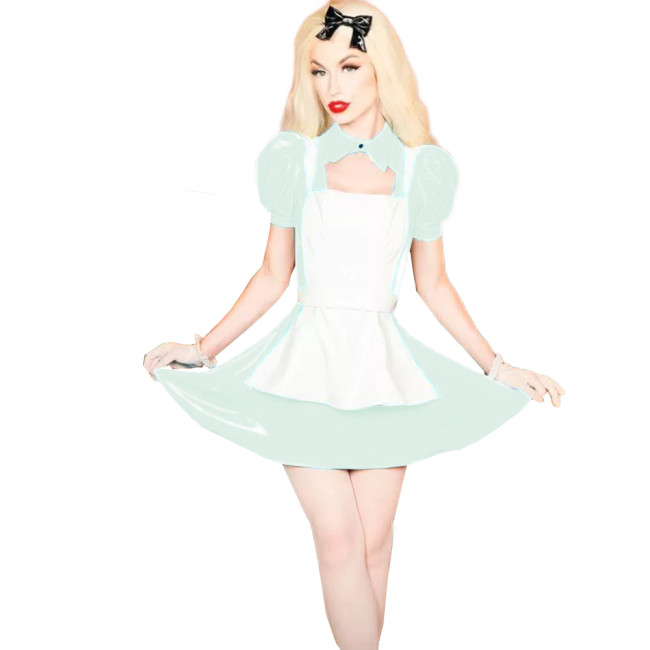 Shiny PVC Lolita 3Pcs Maid Uniforms Puff Short Sleeve Jacket Sleeveless Mini Dress Lace-up Apron Sweet Maid Cosplay Costume