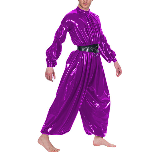 Mens PVC Shiny Loose Jumpsuit Sexy Oversized One-piece Bloomer Rompers Male Mock Neck Long Puff Sleeve Wet Look Body Suit Zentai