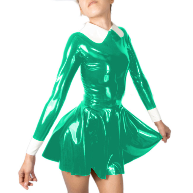 Sweet Faux Latex Peter Pan Collar Pleated Mini Dress PVC Leather Slim Shiny Zipper Back Dress Party Outfit Street Club Wear