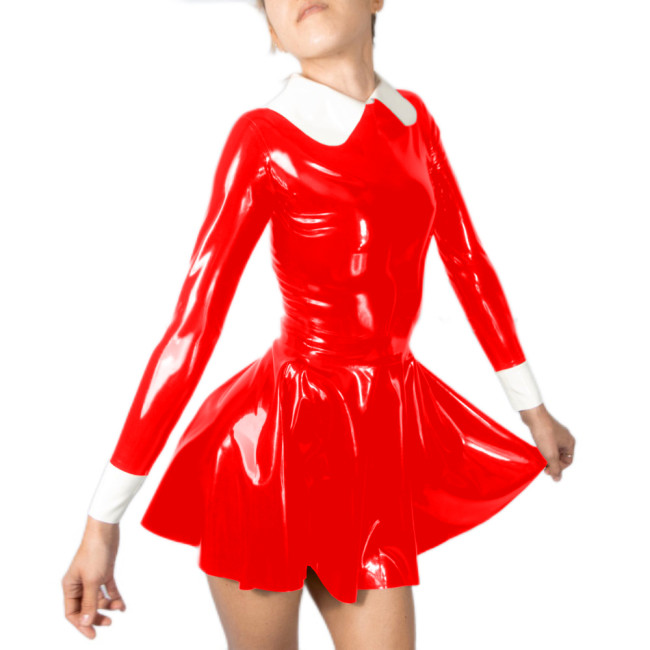 Sweet Faux Latex Peter Pan Collar Pleated Mini Dress PVC Leather Slim Shiny Zipper Back Dress Party Outfit Street Club Wear