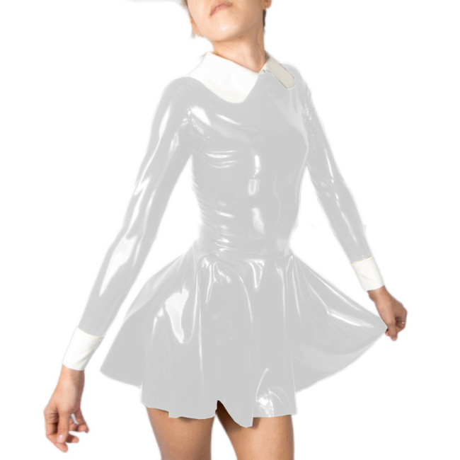 Sweet Faux Latex Peter Pan Collar Pleated Mini Dress PVC Leather Slim Shiny Zipper Back Dress Party Outfit Street Club Wear