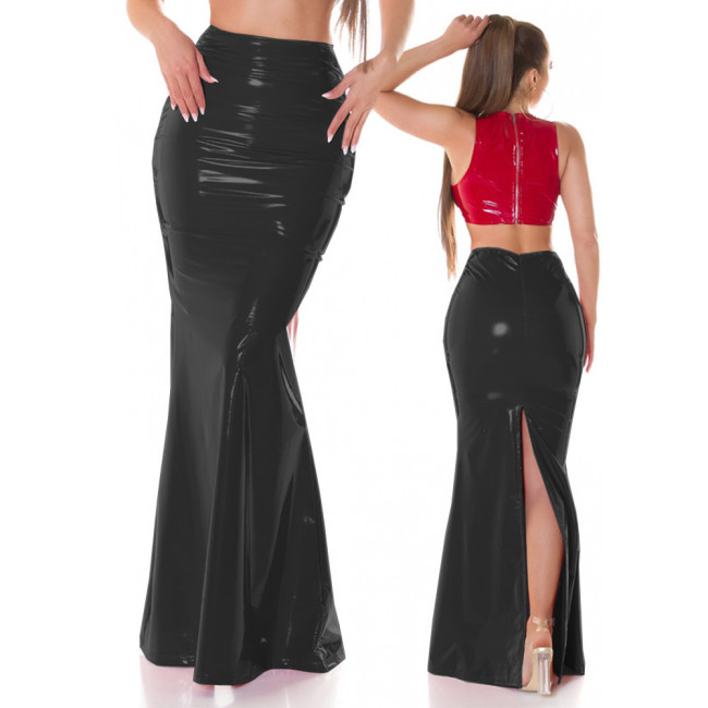 Vinyl Mermaid Long Skirts Womens Sexy Empire Waisted PVC Leather Skirt Shiny Sissy Split Wiggle Maxi Skirt Female Party Outfits